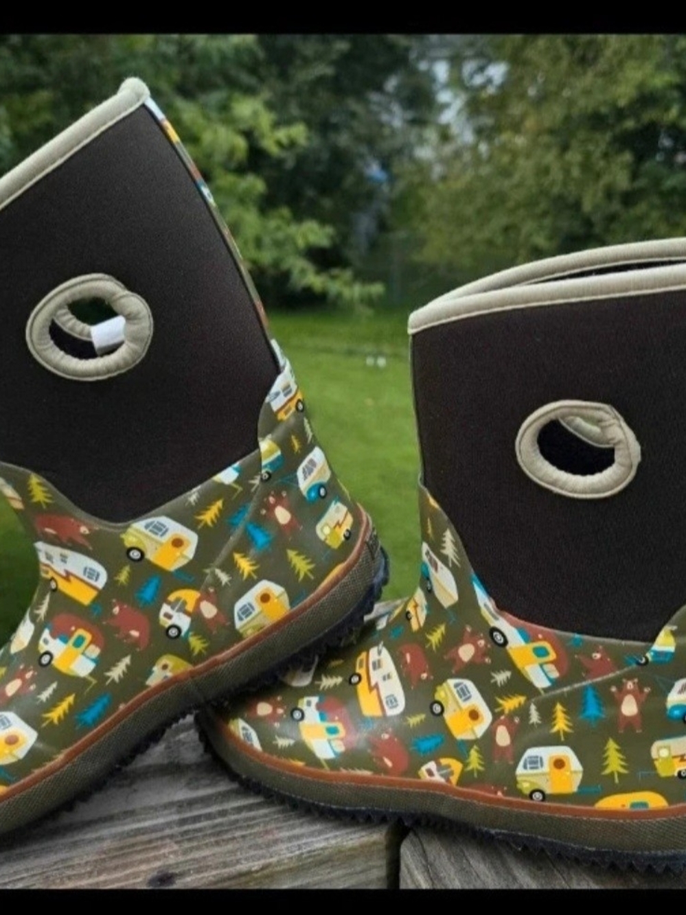 Kids Olive Camper Print Rain & Snow Boots with Easy Pull Handles